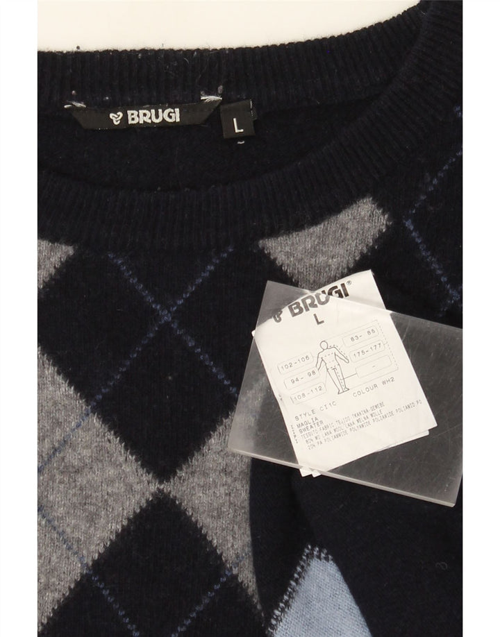 Brugi Pull col rond pour homme en laine bleu marine à losanges/diamants