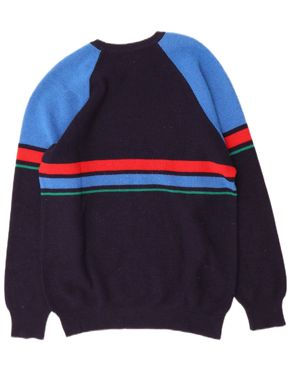 vintage Mens Crew Neck Jumper Pull Bleu Marine Moyen Colorblock