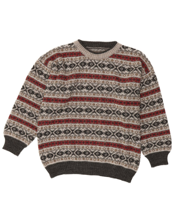 vintage Womens Crew Neck Jumper Pull UK 16 Grand Gris Fair Isle