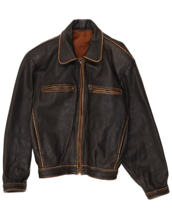 vintage Mens Loose Fit Bomber Veste en cuir UK 38 Cuir noir moyen