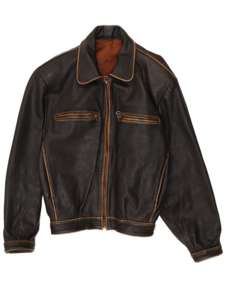 vintage Mens Loose Fit Bomber Veste en cuir UK 38 Cuir noir moyen