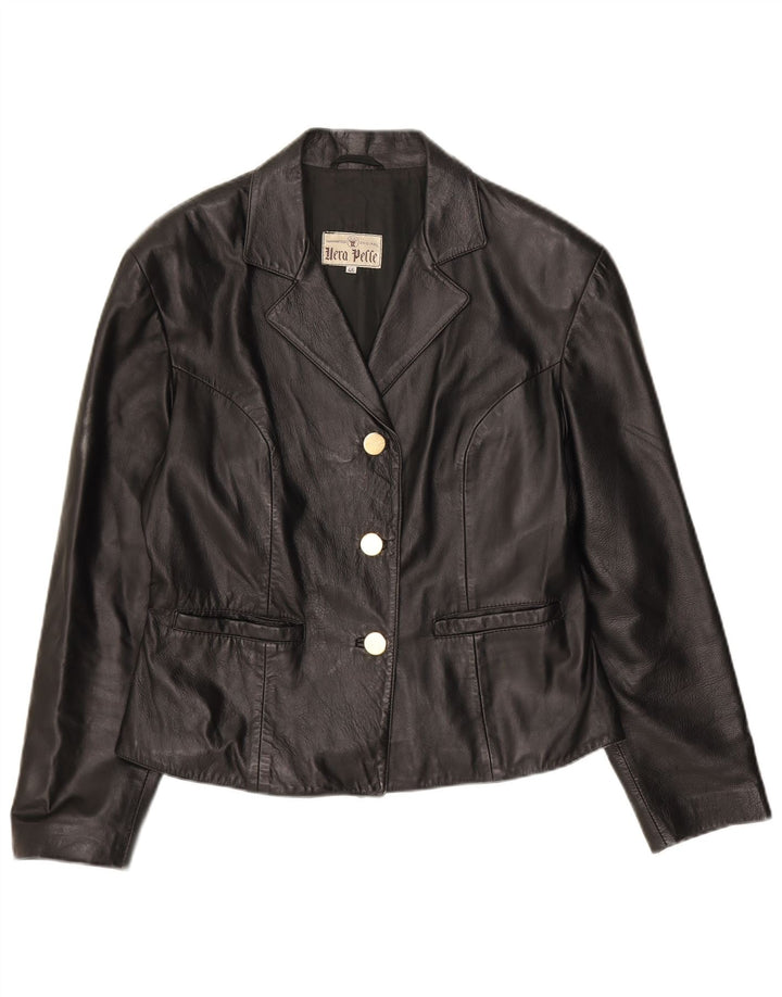 vintage Femme 3 Boutons Veste Blazer En Cuir IT 46 Grand Cuir Noir
