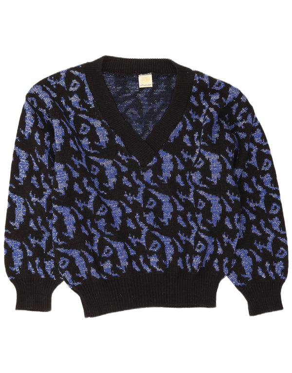 vintage Femmes Motif Abstrait V-Col Jumper Pull UK 16 Grand Bleu Marine
