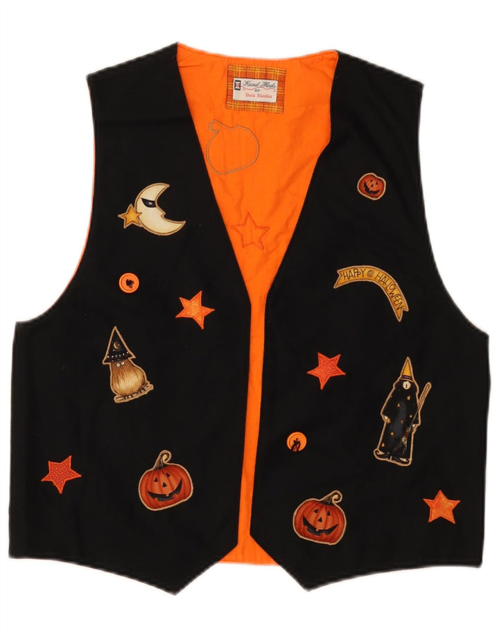 VINTAGE Gilet graphique femme UK 12 Moyen Noir