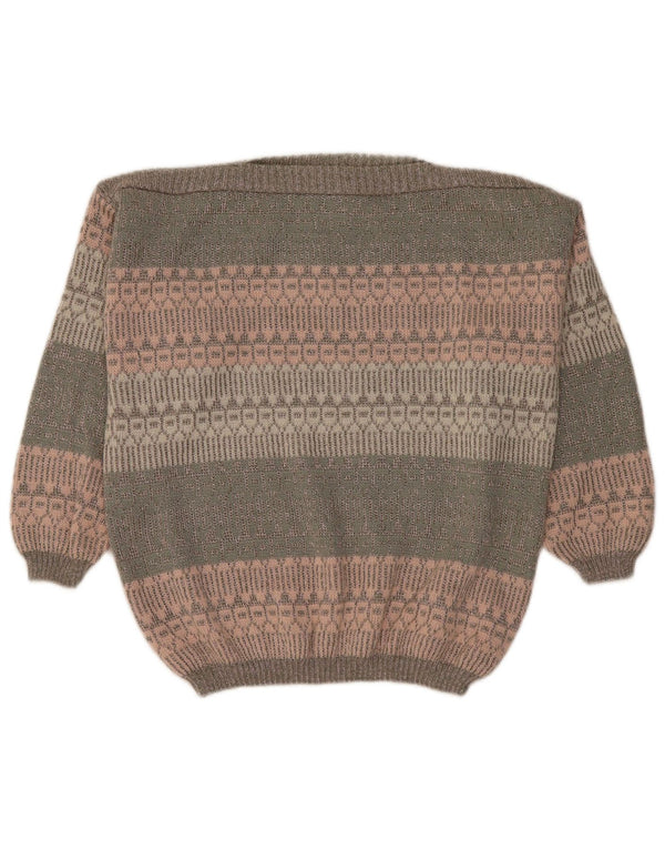 vintage Womens Boat Neck Jumper Pull UK 18 XL Kaki Rayé Laine