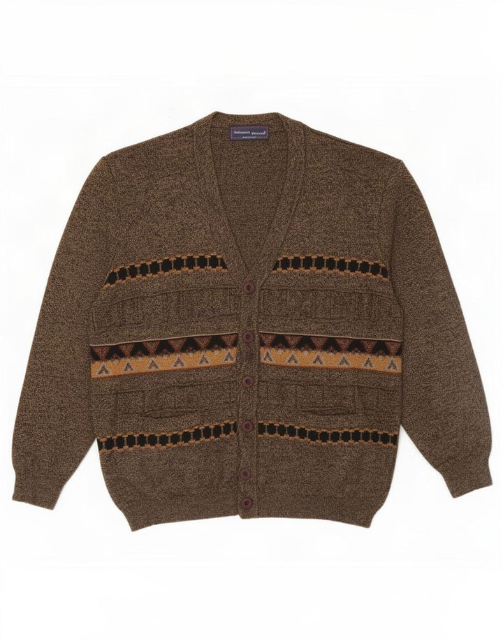 vintage Mens Cardigan Sweater Grande laine géométrique brune
