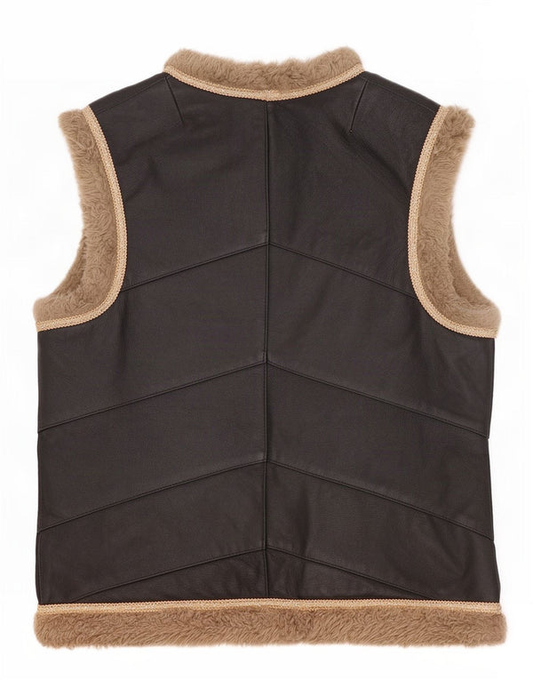 vintage Femmes Ouvert Sherpa Cuir Gilet UK 10 Petit Noir