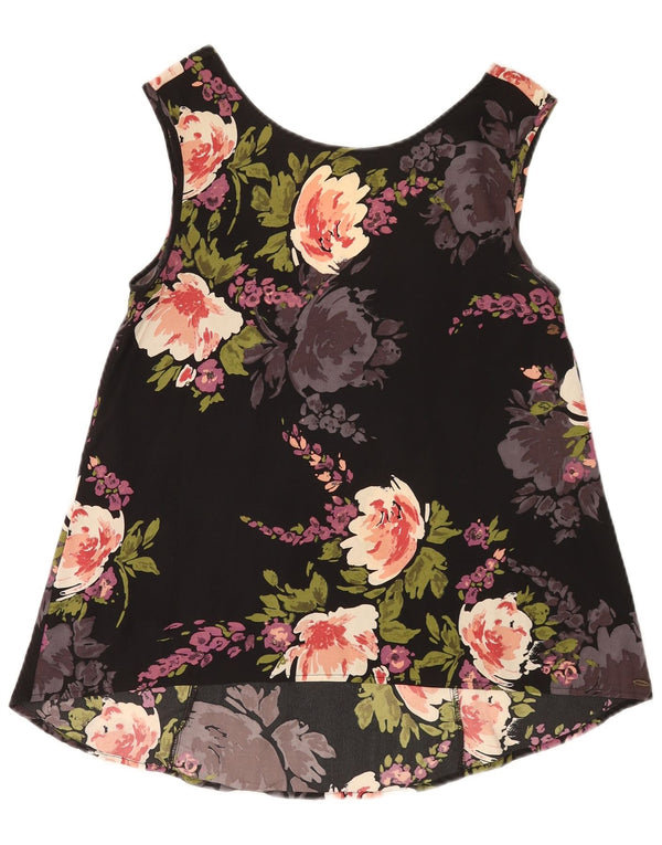 vintage Femmes Crop Sans Manches Blouse Top UK 10 Petit Noir Floral