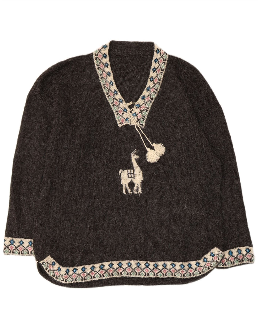 VINTAGE Pull surdimensionné à col en V pour femme UK 18 XL Gris Fair Isle