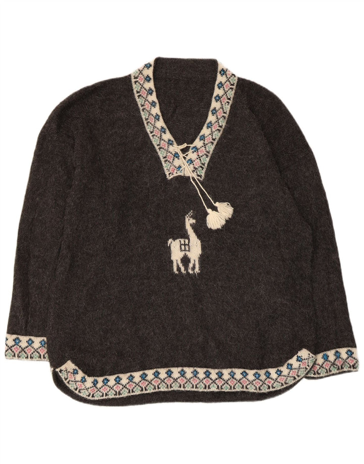 VINTAGE Pull surdimensionné à col en V pour femme UK 18 XL Gris Fair Isle