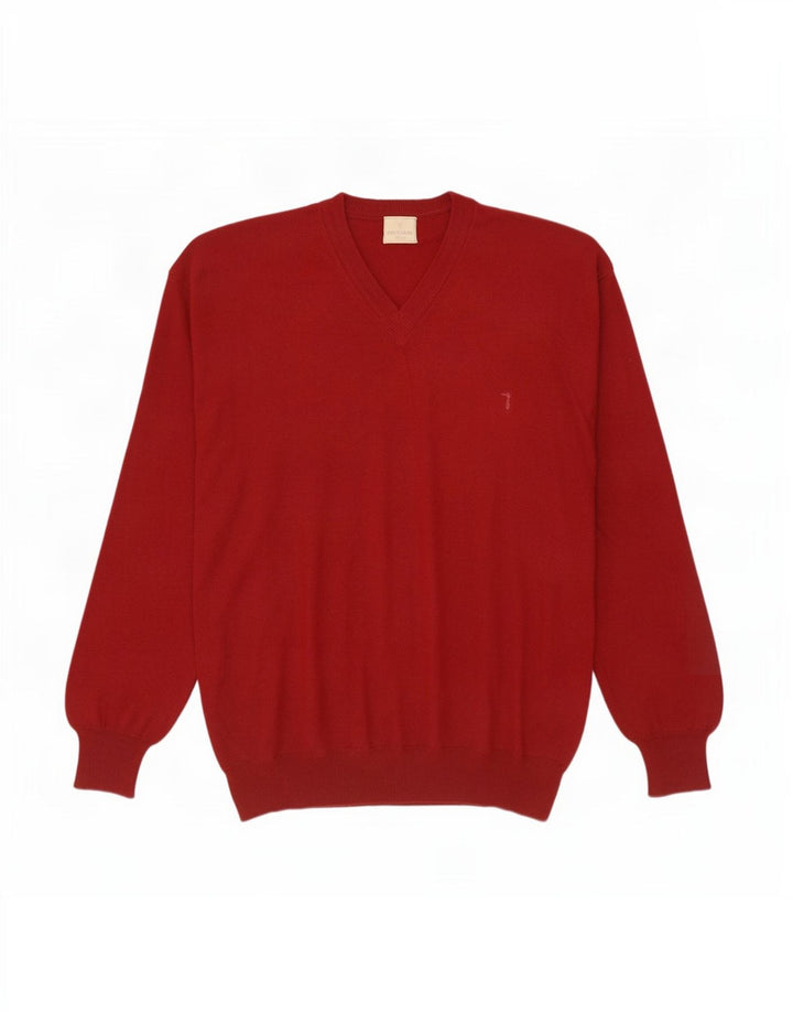 Trussardi Pull Col V Large Rouge Laine Mérinos Homme