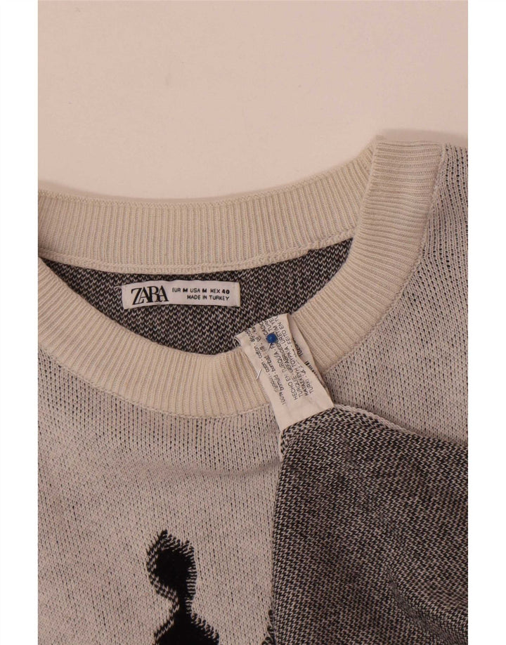 Zara Pull Graphic Boat Neck Jumper Homme Gris Moyen Coton