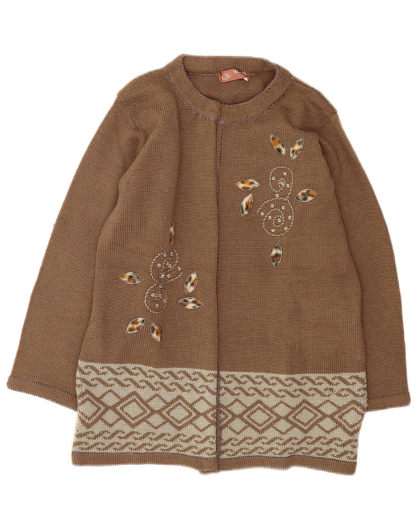 vintage Womens Cardigan Sweater UK 16 Grande laine florale brune