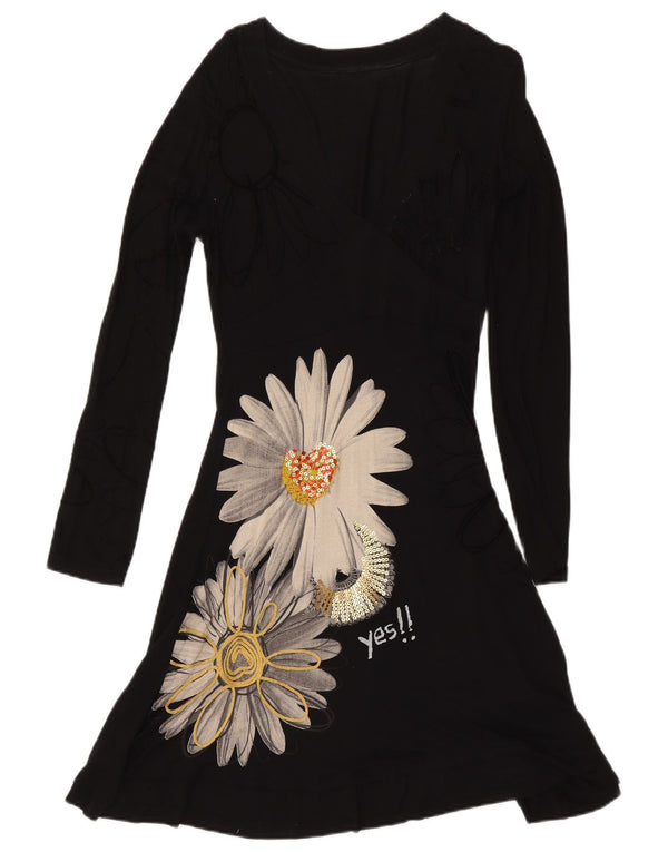 Desigual Robe trapèze graphique à manches longues pour femme UK 14 Grand Noir Floral