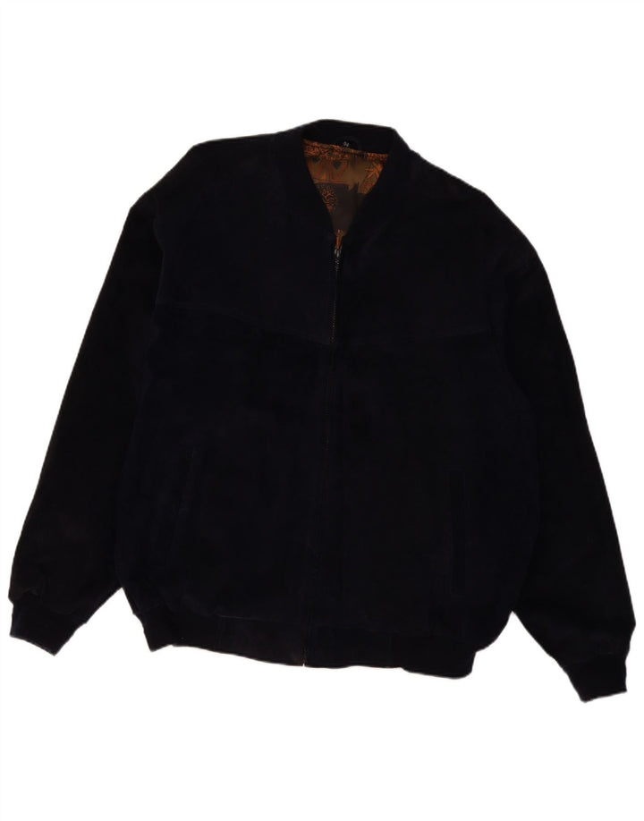 VINTAGE Veste Bomber En Daim Homme IT 54 2XL Cuir Bleu Marine