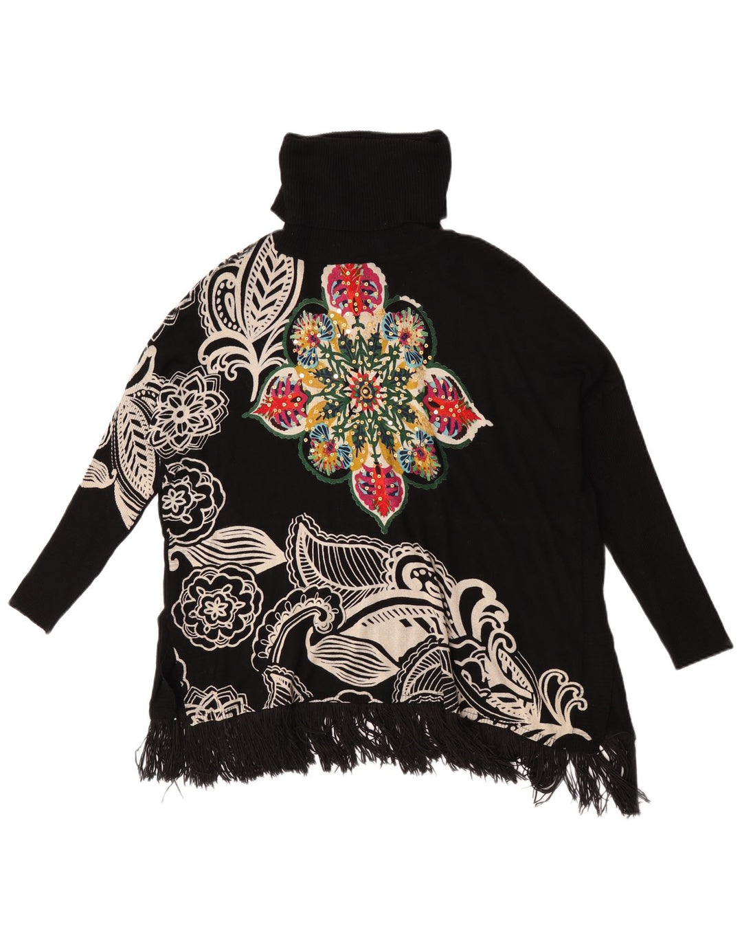 Desigual Pull à manches 3/4 et col roulé pour femme - Taille 44 - Noir moyen