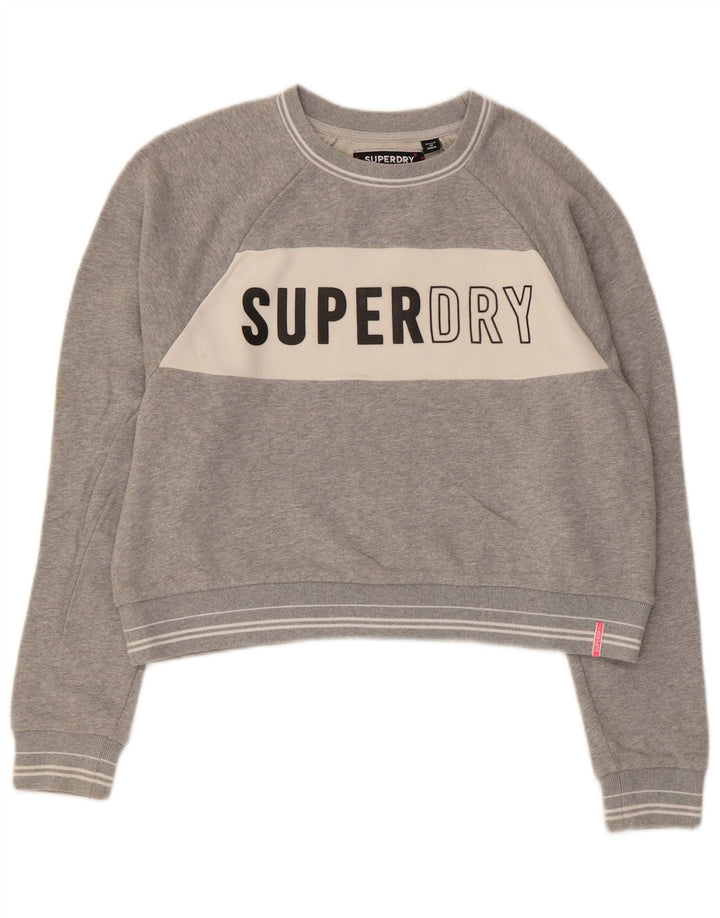 Superdry Femme Crop Graphic Sweatshirt Jumper UK 14 Gris Moyen Coton