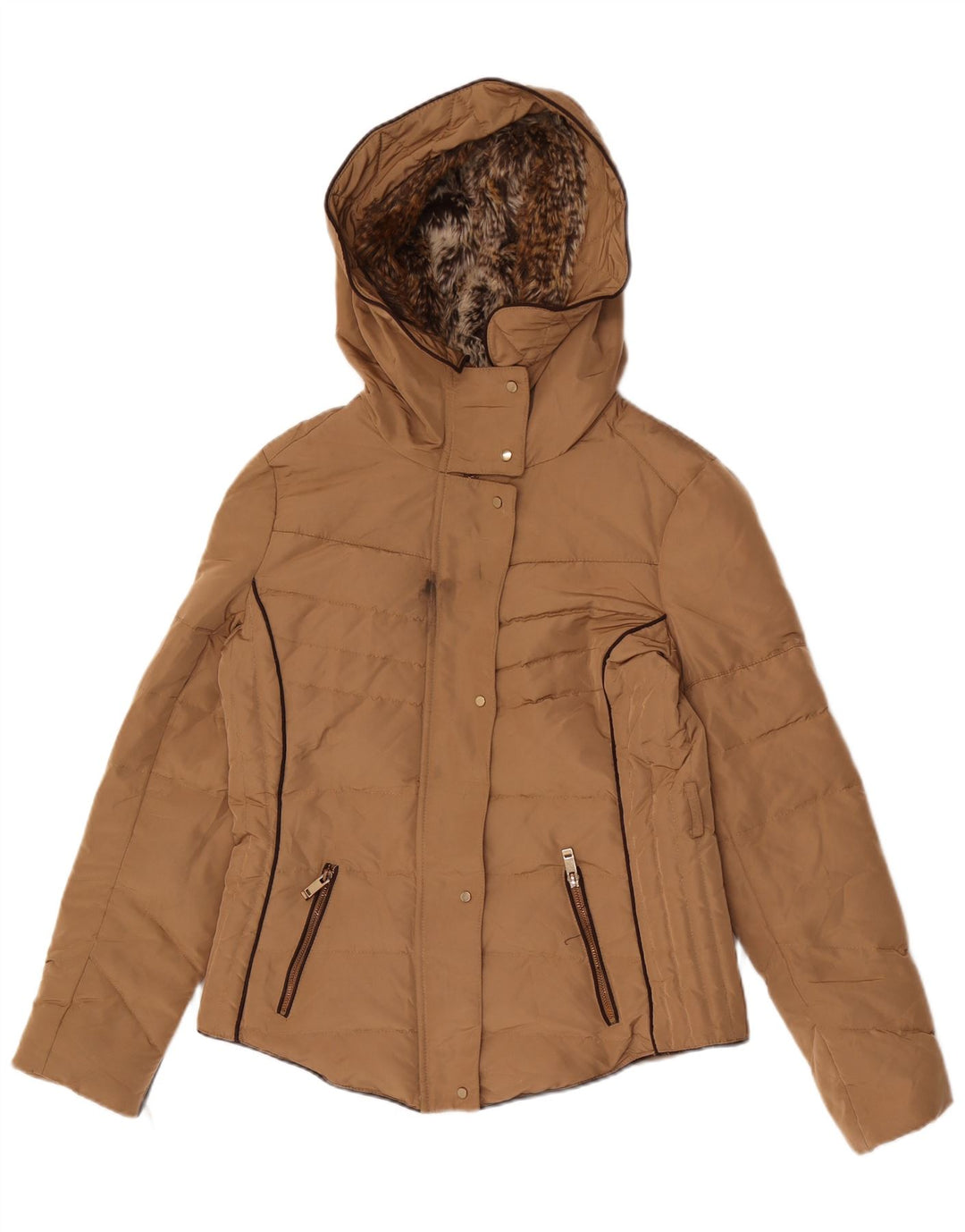 Zara Veste matelassée à capuche pour femme UK 14 Large Marron Polyester
