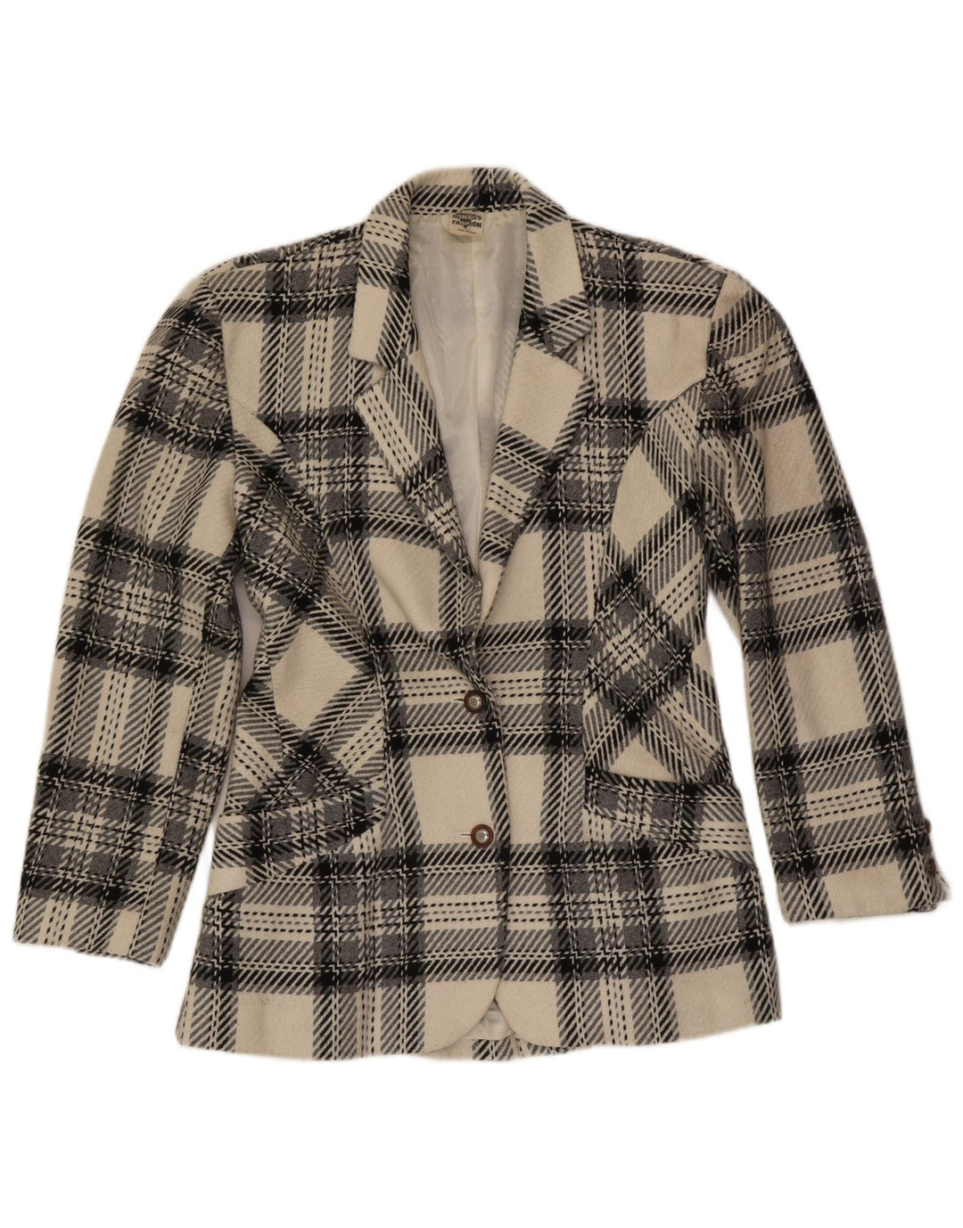 vintage Femme 2 Bouton Blazer Veste UK 12 Moyen Off White Plaid Laine