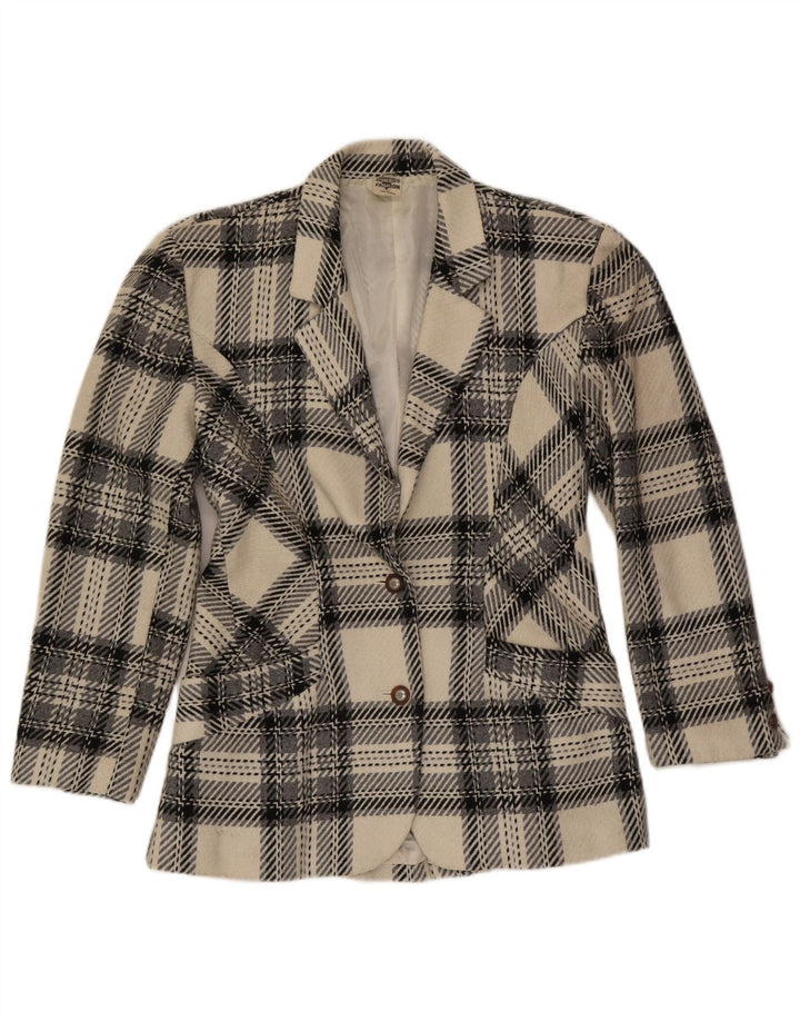 vintage Femme 2 Bouton Blazer Veste UK 12 Moyen Off White Plaid Laine