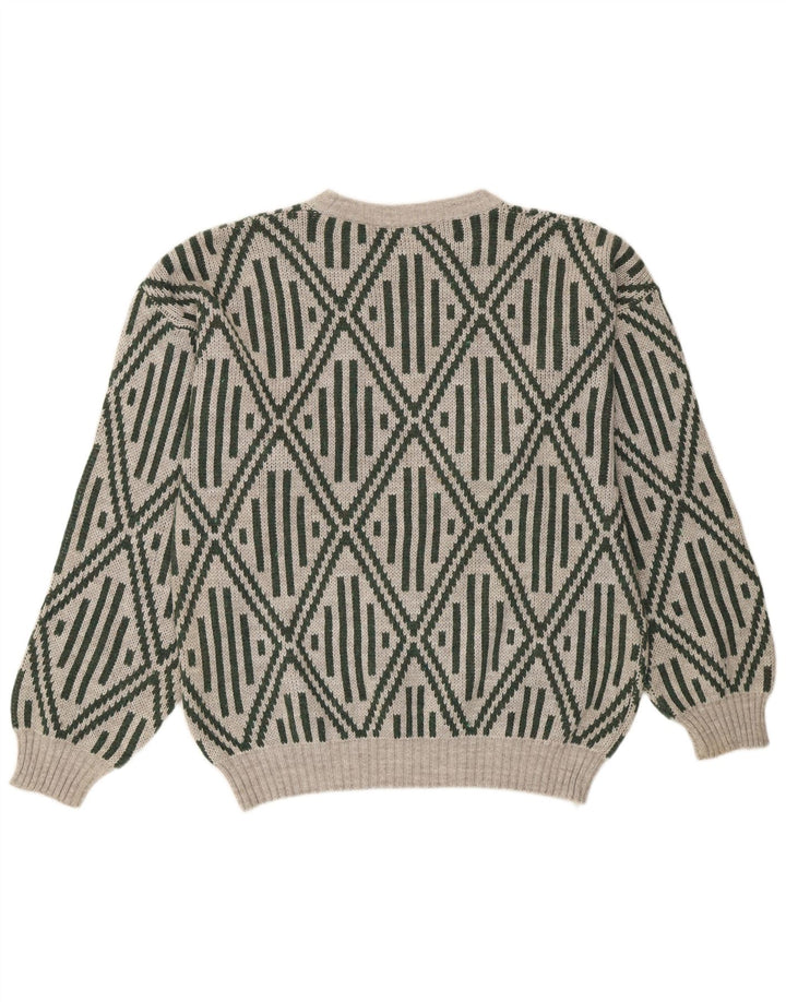 vintage Mens Crew Neck Jumper Pull Moyen Gris Géométrique Acrylique