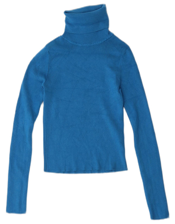 Zara Womens Crop Roll Neck Top Manches Longues UK 8 Small Bleu Viscose
