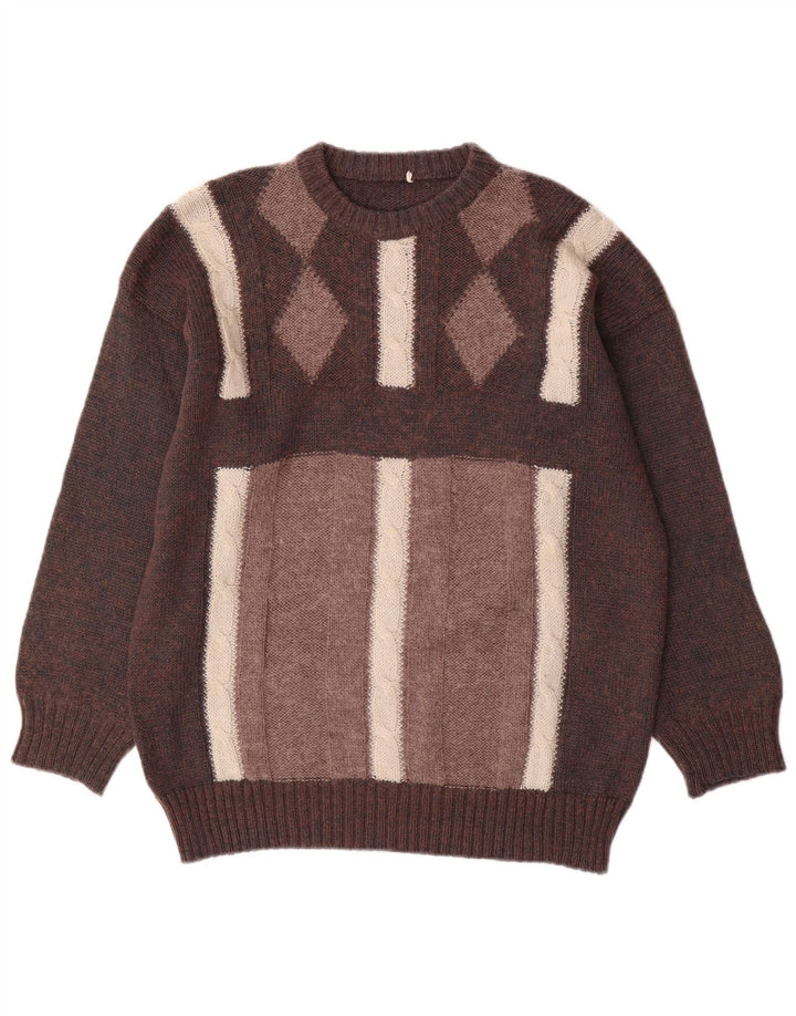 vintage Mens Crew Neck Jumper Pull Grand Marron Géométrique
