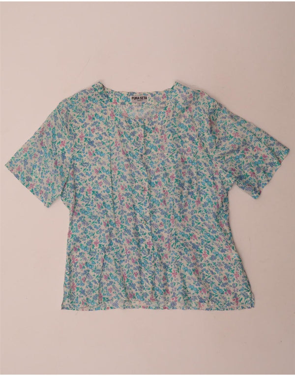 vintage Femme Chemise À Manches Courtes Blouse UK 16 Grande Soie Florale Blanche