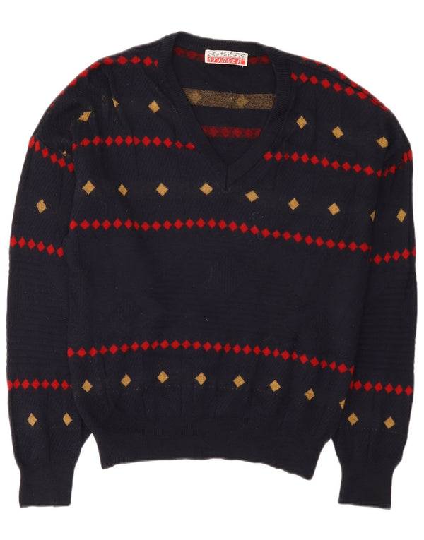 vintage Mens V-Col Jumper Sweater EU 38 Petit Bleu Marine Géométrique
