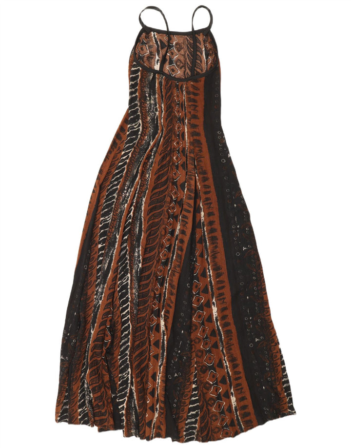 vintage Femme Robe Maxi Sans Manches UK 12 Viscose Géométrique Brun Moyen