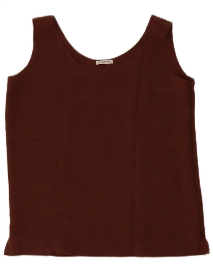 vintage Femme Blouse Sans Manches Top UK 10 Petite Soie Brune