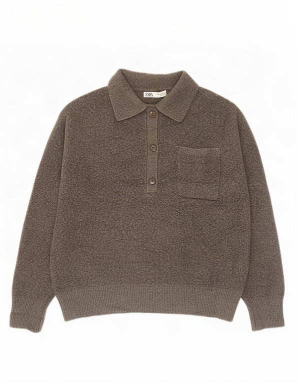 Zara Pull à col polo pour femme UK 16 Large Gris Polyester
