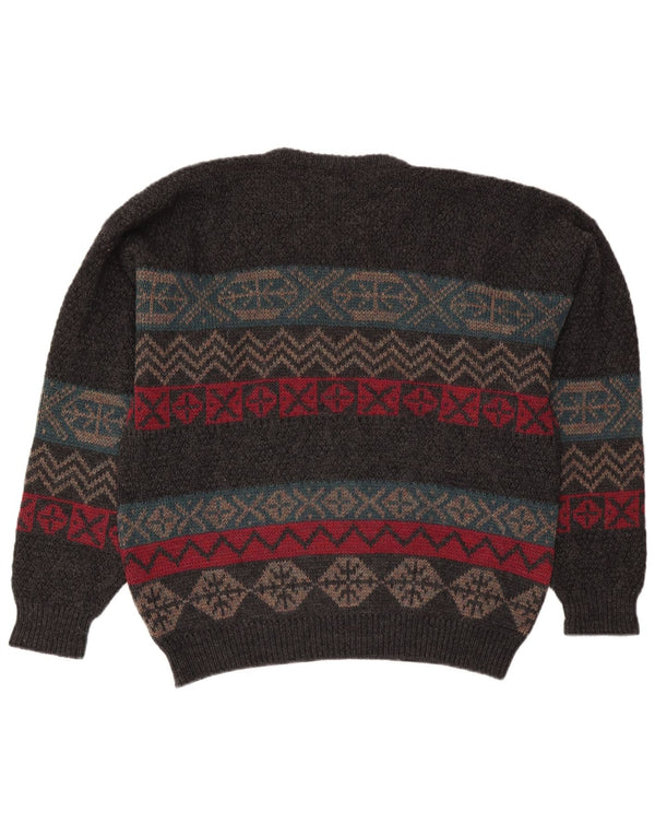 vintage Mens Crew Neck Jumper Pull XL Gris Fair Isle Laine