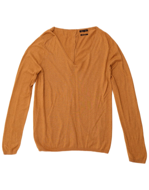 MASSIMO DUTTI Pull col V pour femme UK 14 Large Marron Coton