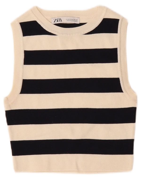 Zara Womens Top court sans manches UK 12 Viscose à rayures blanches moyennes