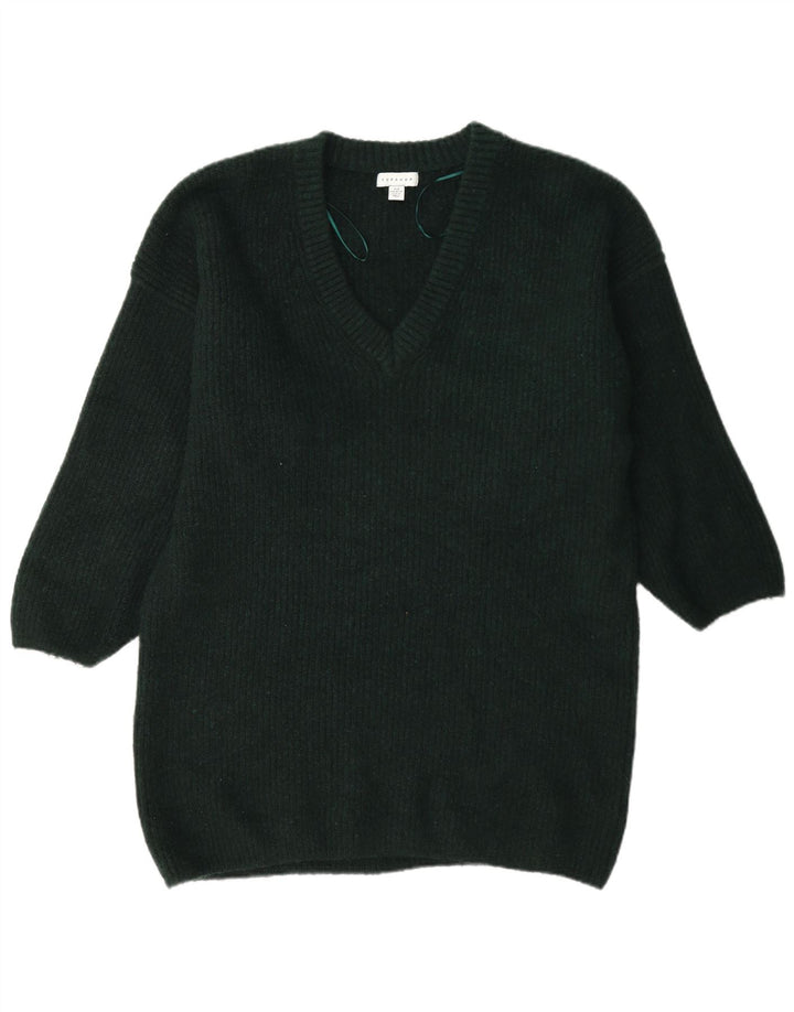 Topshop Pull long à col en V pour femme UK 44 Vert moyen Polyester