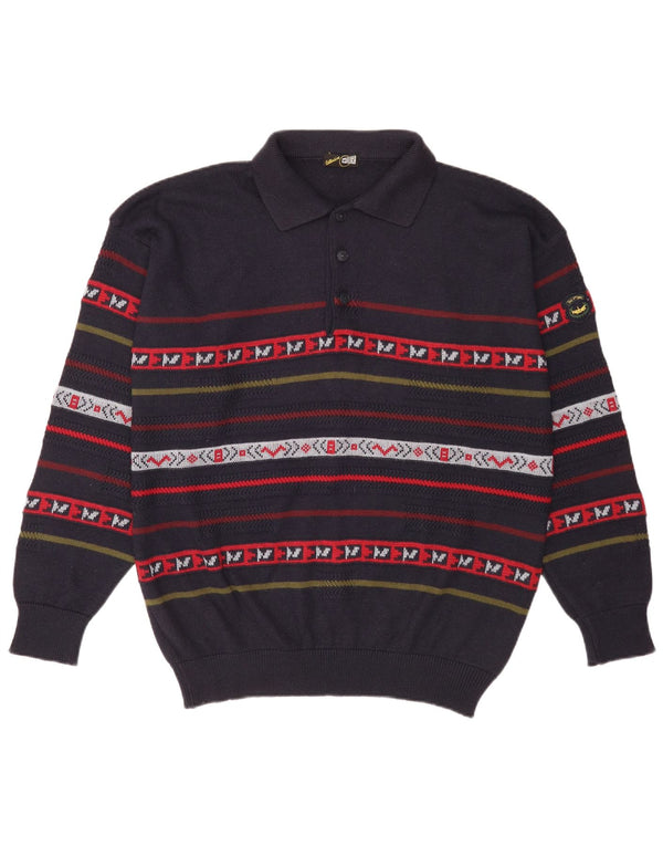vintage Mens Polo Neck Jumper Pull XL Bleu Marine Rayé Laine