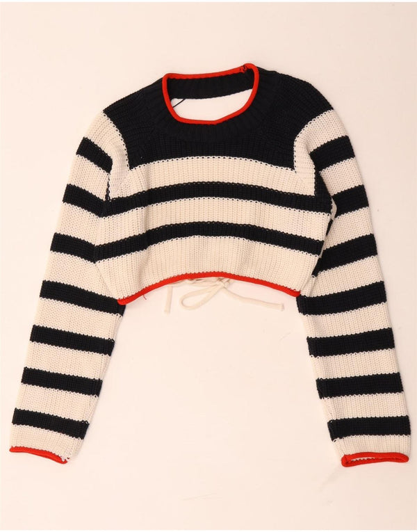 Zara Womens Crop Boat Neck Jumper Sweater UK 14 Moyen Noir Rayé