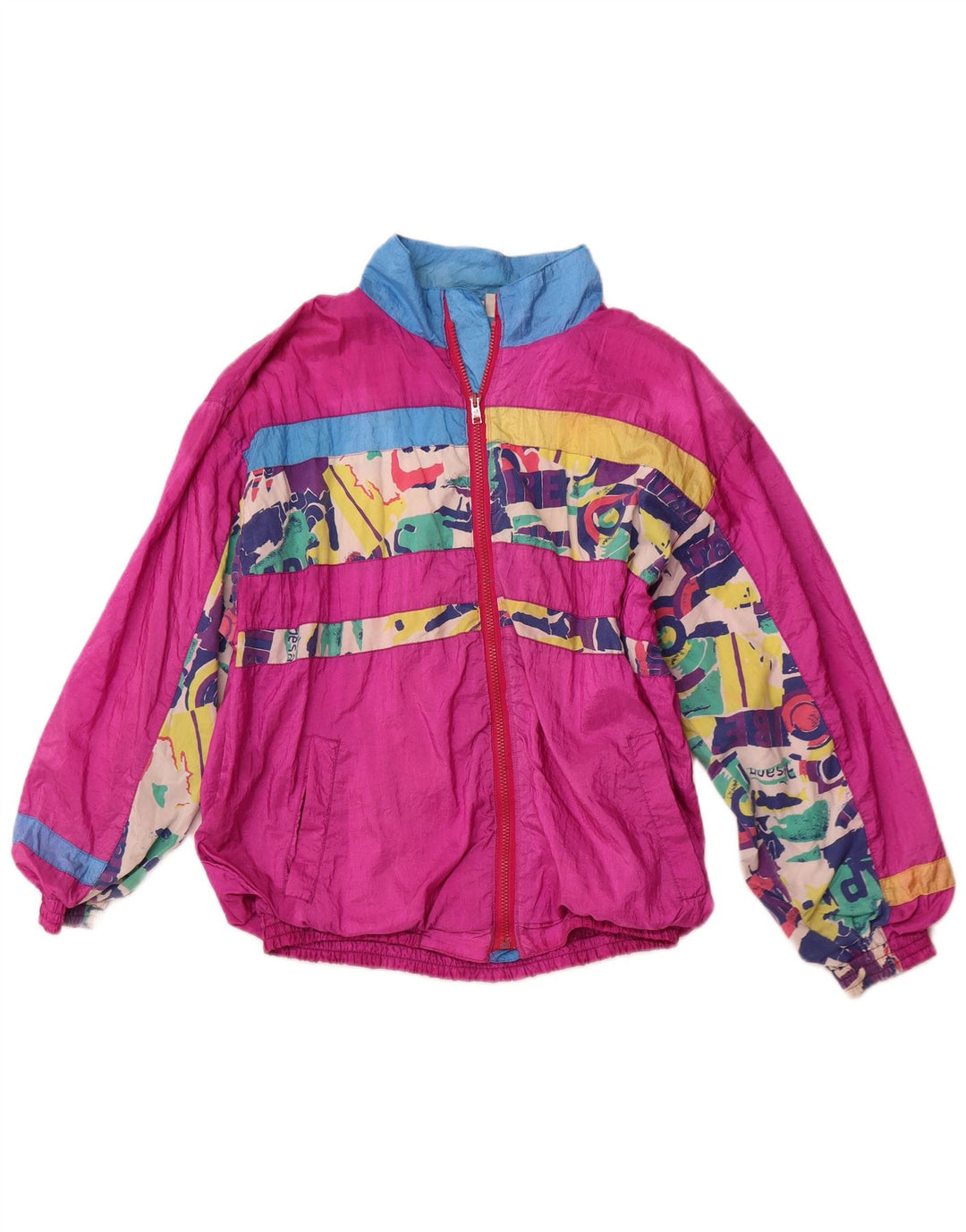 vintage Femmes Loose Fit Survêtement Top Veste UK 12 Moyen Rose Géométrique