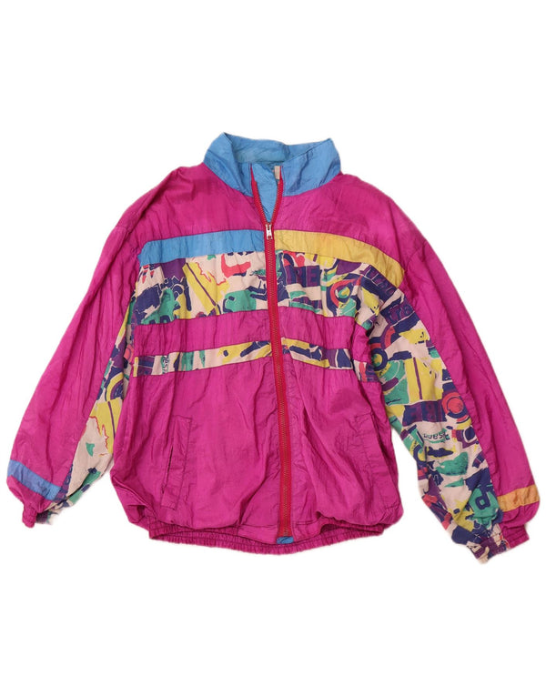 vintage Femmes Loose Fit Survêtement Top Veste UK 12 Moyen Rose Géométrique