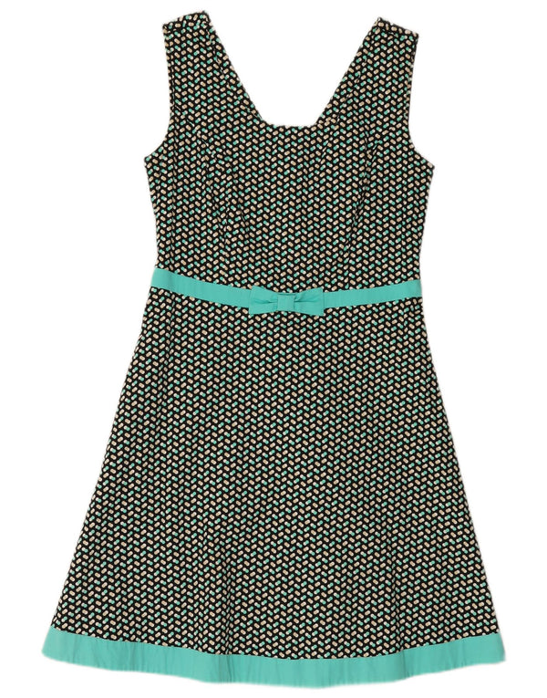 vintage Femme Robe A-Line sans manches UK 12 Vert Moyen Tacheté