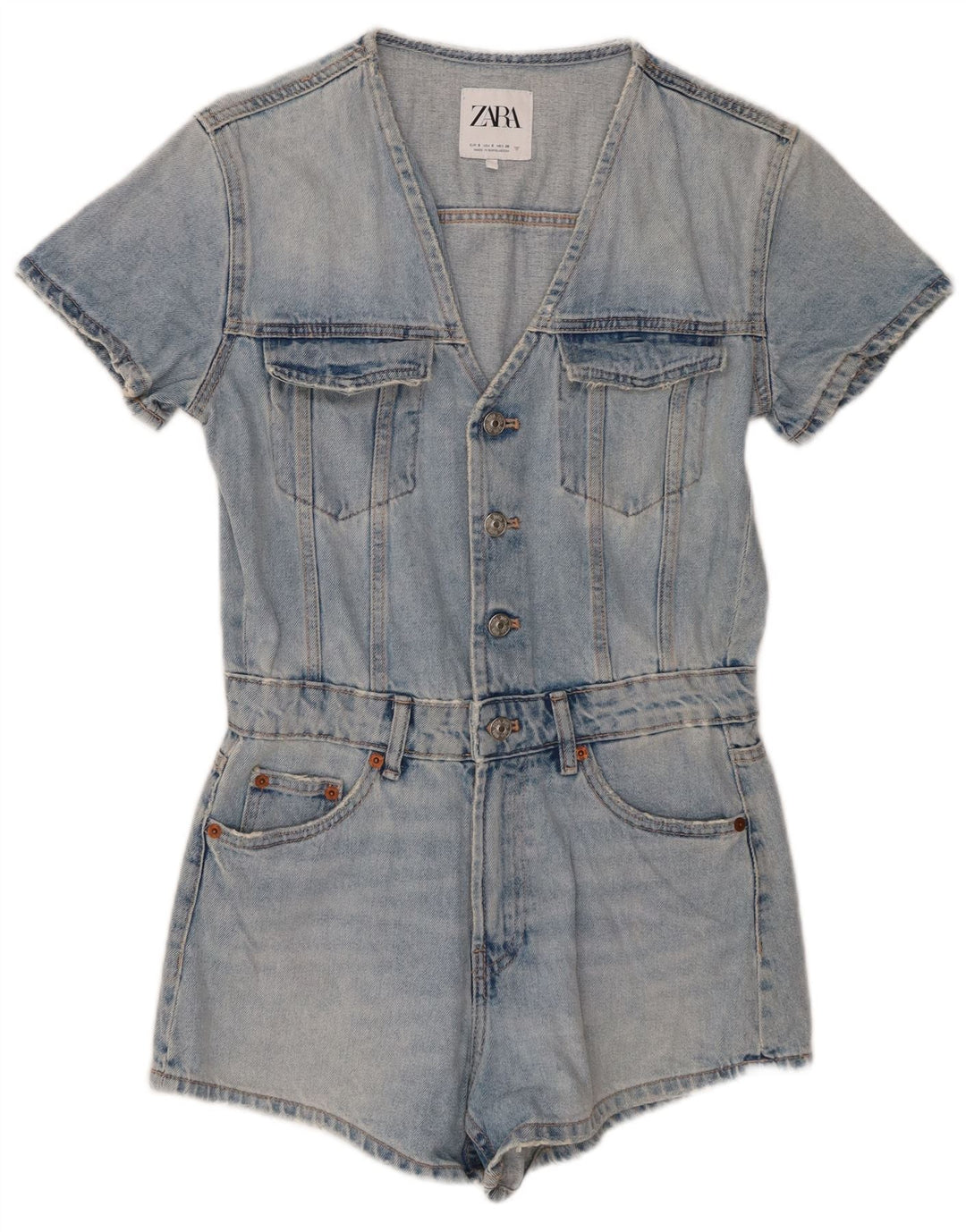 Zara Combishort en denim vieilli pour femme UK 10 Petit coton bleu