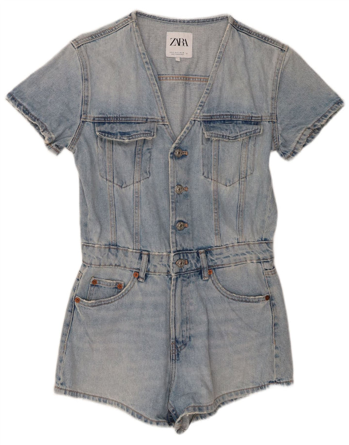Zara Combishort en denim vieilli pour femme UK 10 Petit coton bleu