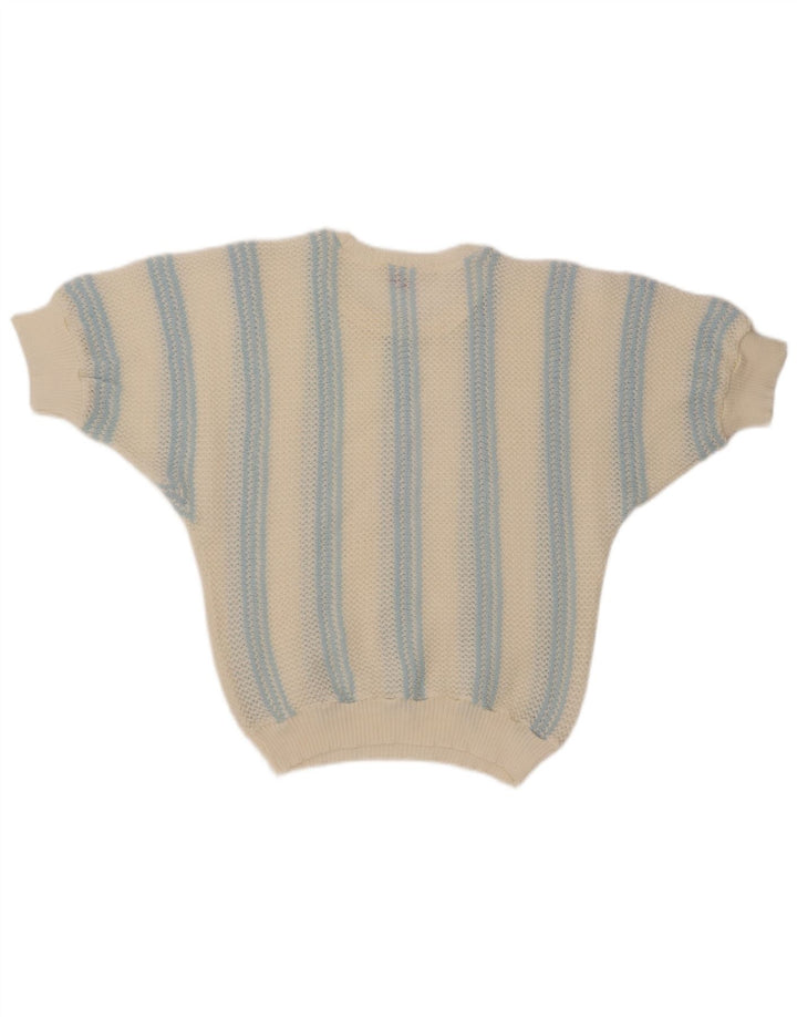 VINTAGE Pull col bateau femme UK 12 Medium Off White Rayé