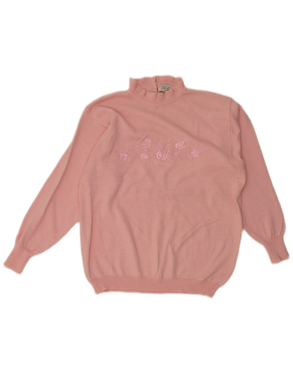 vintage Womens Turtle Neck Jumper Pull UK 12 Moyen Rose Floral Rétro