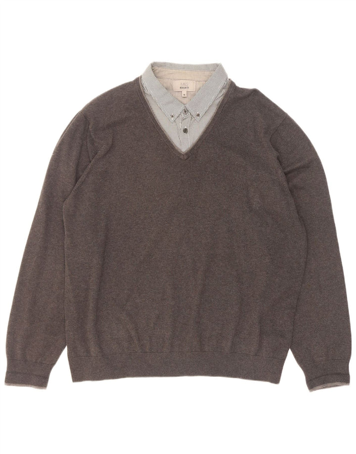 Marks & Spencer Pull coupe classique à col en V pour homme XL Gris Coton