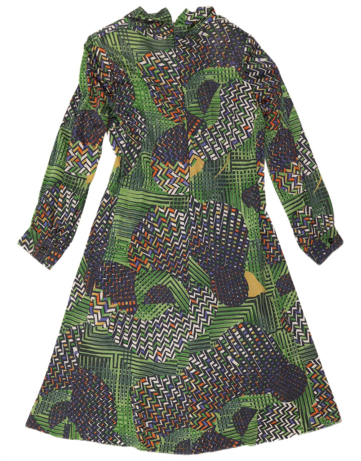 vintage Femme Manches Longues A-Line Robe UK 14 Moyen Vert Patchwork
