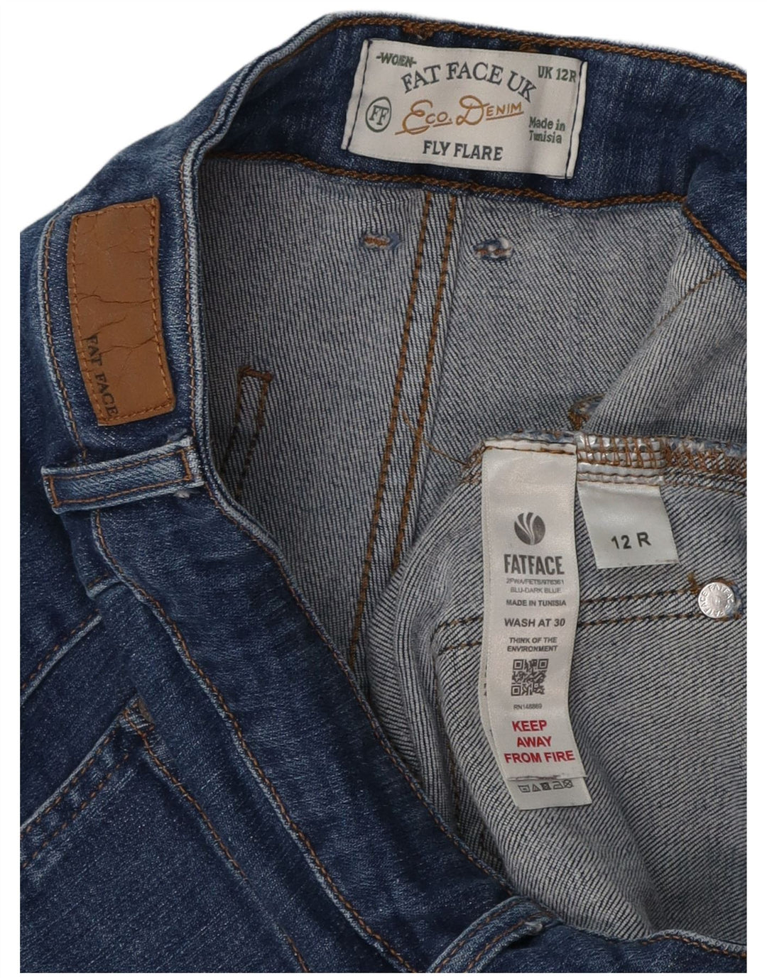 FAT FACE Jean évasé Fly pour femme UK 12 Medium W30 L30 Bleu Coton