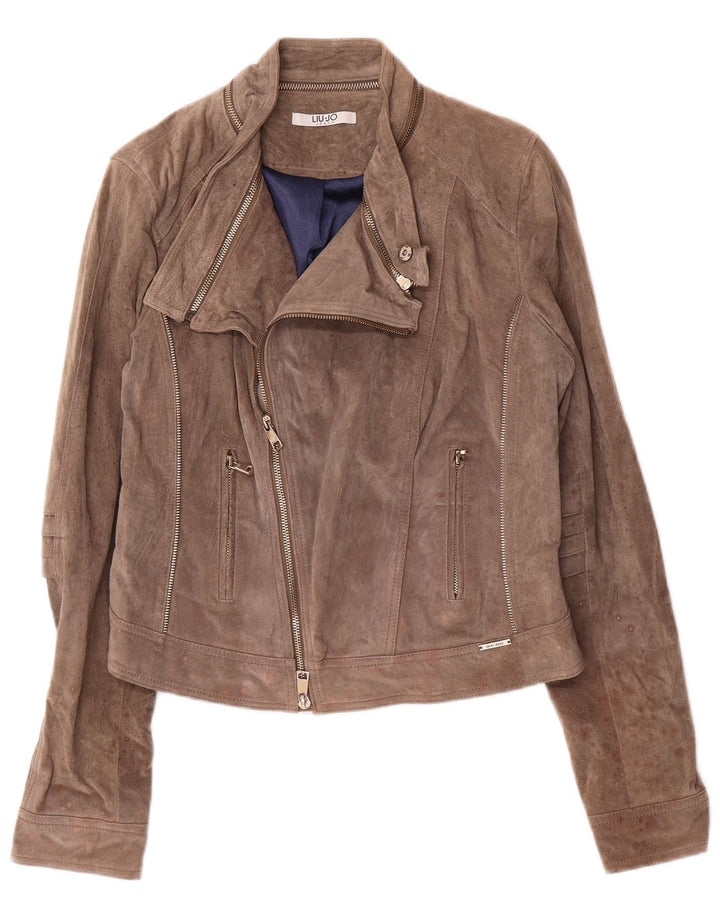 LIU JO Veste de motard courte en daim pour femme IT 46 Grand cuir beige