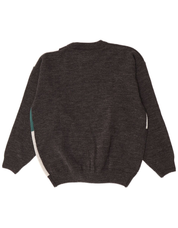 vintage Mens Crew Neck Jumper Pull UK 40/42 Gris Moyen Colourblock